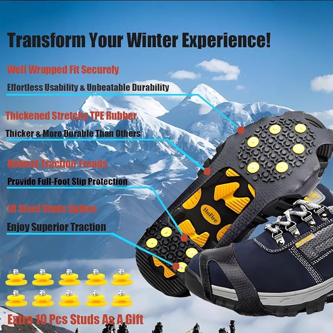 Ice Cleats for Shoes and Boots, Ice Snow Traction Cleats Grippers, Non Slip Shoe Ice Grippers,10 Steel Rubber Spikes Crampons Anti Easy Slip Studs Crampons Slip-on Stretch Footwear