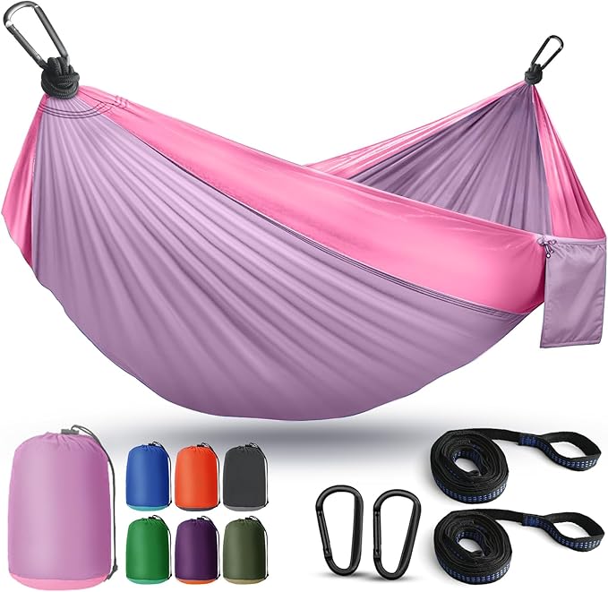 Camping Hammock Lightweight, Portable Hammocks Parachute Hammock with Two Tree Straps, Single or Double Travel Swing Nylon Camp Hammocks, Outdoor Essentials for Beach Backpacking Hiking, Orange