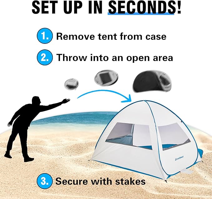 Pop Up Beach Tent for 4 Person with UPF 50+ Protection，Automatic Easy Setup Waterproof Beach Shade，Lightweight and Portable Beach Tent Sun Shelter - Light Blue