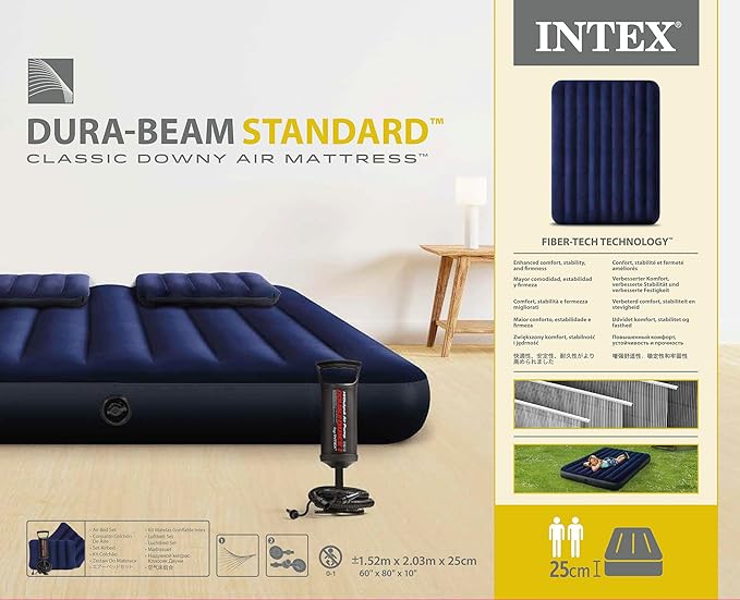Intex Classic Downy Airbed Set with 2 Pillows and Double Quick Hand Pump, Queen