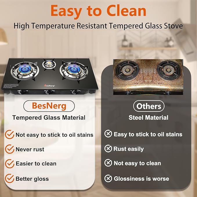 Propane Stove 3 Burner Gas Stove, 34000 BTU High-Efficiency Auto Ignition Tempered Glass LPG Cooktop with CSA Regulator and Hose – for Outdoor Camping, RV, and Emergency Cooking