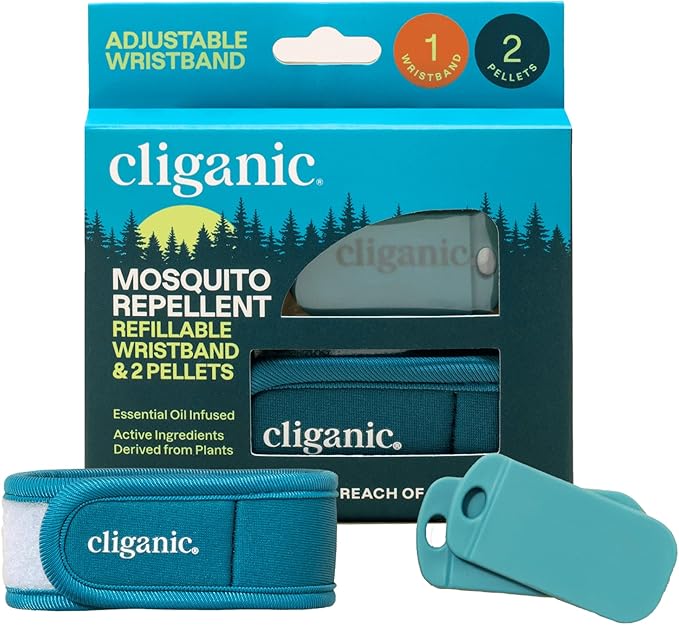 Cliganic Mosquito Repellent Pack (Wristband + 2 Refill Pellets) - Adjustable, Natural DEET-Free, Essential Oil Infused