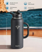 40 oz Insulated Water Bottle with Straw and Lid, Food-grade Double Wall Vacuum Stainless Steel Flask with Handle,Leakproof Metal Travel Jug With Carry Pouch and Brush,Keep Cold & Hot,Black