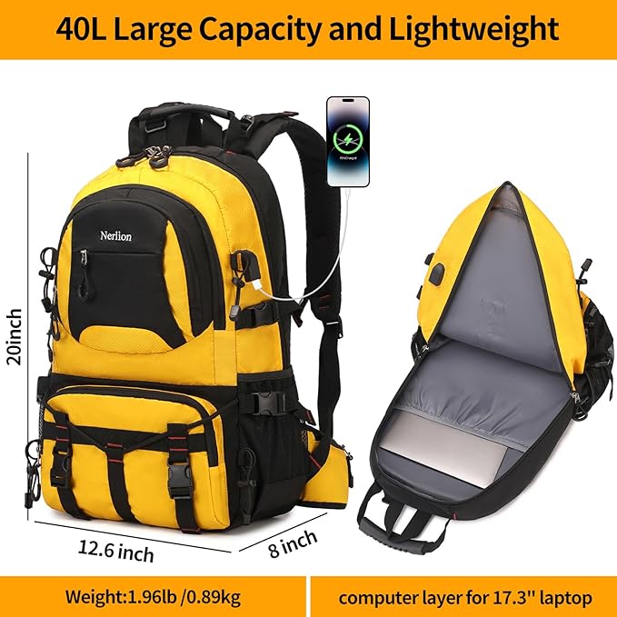 Nerlion 40L Hiking Backpack Travel Backpack for Men Women Camping Waterproof Outdoor Hiking Daypack Lightweight Backpack (Yellow)