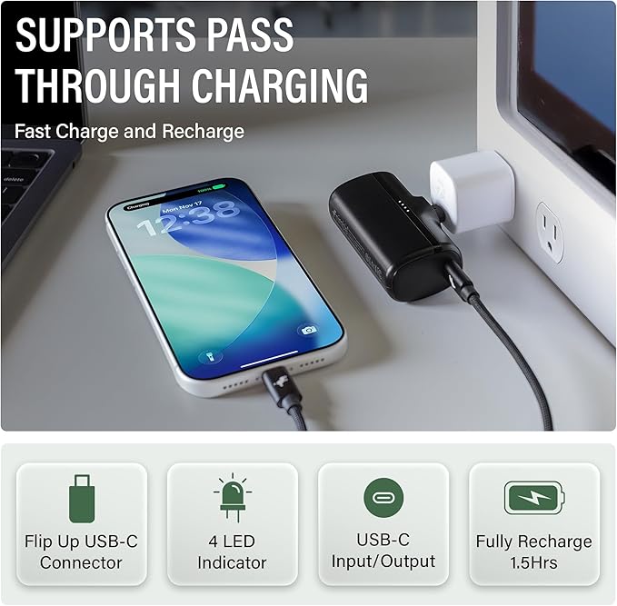 Nimble Bump 5K 20W Fast Charging Portable Charger with Foldable Built-in USBC Connector, Mini Travel Power Bank Battery Pack Compatible with iPhone, Samsung Galaxy, iPad, & USB-C Devices (Blue)