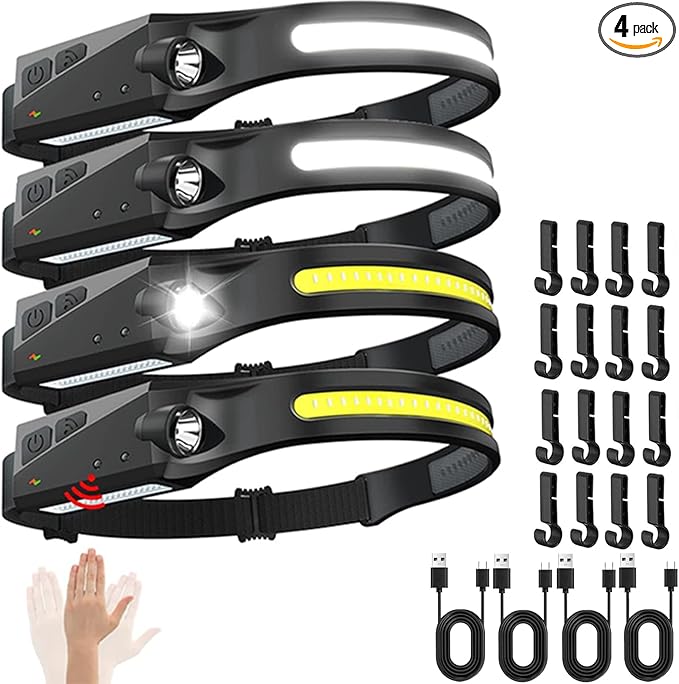 Rechargeable Headlamps 4 Packs, 230° Wide Beam LED Headlamp, Powerful Headlight with Motion Sensor for Adults, 5 Modes, Head Lights for Forehead, COB, Head Lamp for Running Outdoor Camping
