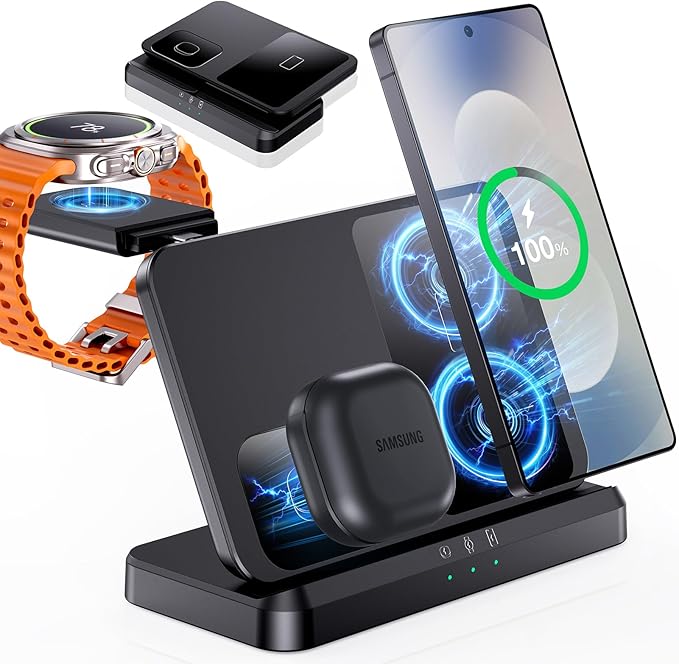 EGV Wireless Charger for Samsung – 3 in 1 Wireless Charging Station for Galaxy S25 Ultra S24 S23, Z Fold Flip 7/6, Detachable Watch Charger for Galaxy Ultra 8/7/6, Foldable, Fast Charging, No Adapter