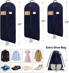 BALEINE 5PK Heavy Duty Garment Bag with Shoe Storage Travel Bag for Dresses, Suit, Coats Travel Essential (54", Blue)