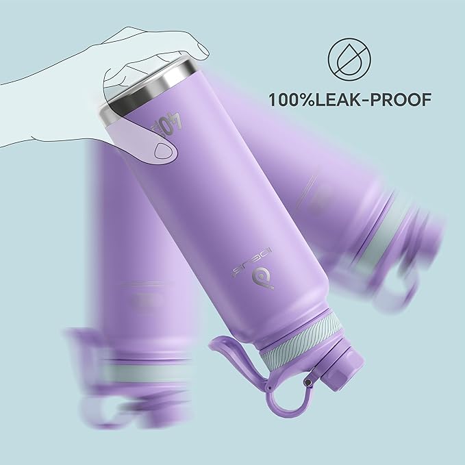 IDEUS Insulated Stainless Steel Water Bottle with 2 Leak-Proof Lids, Thermal Water Flask for Hiking Biking, 40oz, Violet