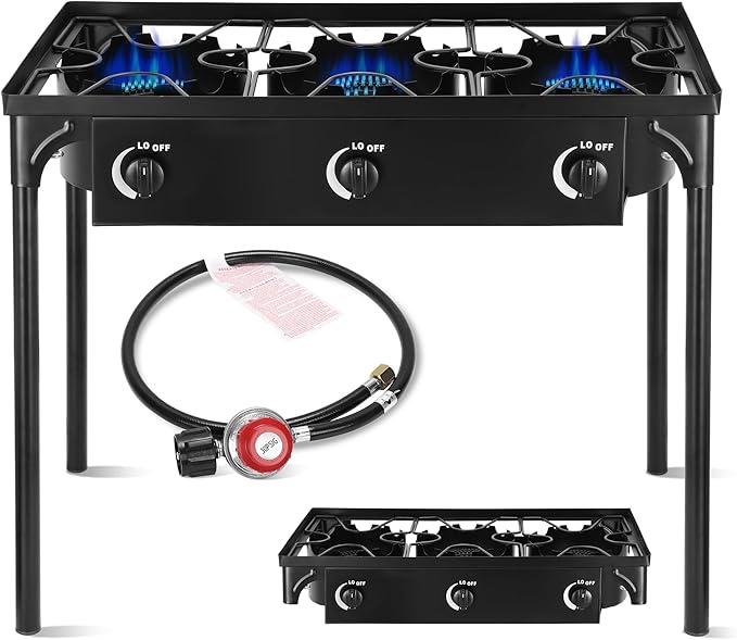 Outdoor Camping Stove, 225000 BTU, High Pressure 3 Burner, Propane Gas Cooker with Detachable Legs, 30 PSI Regulator