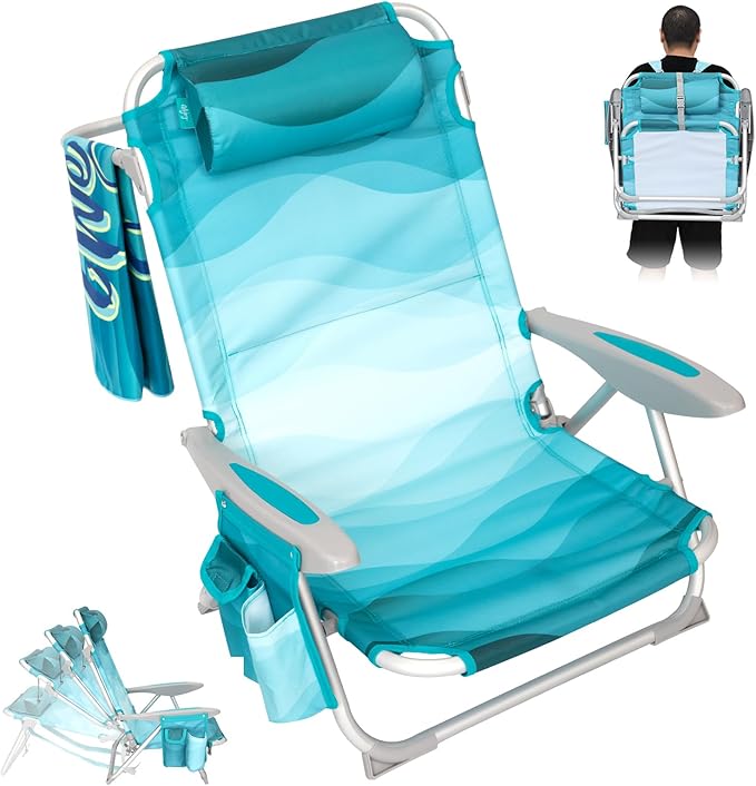 #WEJOY Folding Beach Chair for Adults, 4-Position Aluminum Lightweight Beach Chair, Low Sands Chairs with Shoulder Strap, Cup Holder and Padded Headrest, Supports 265lbs for Lawn