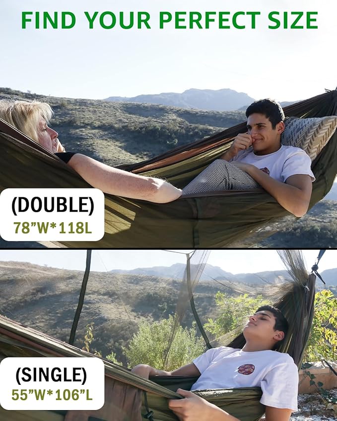 Sunyear Camping Hammock, Portable Single & Double Hammock with Net, 2 Person Hammock Tent with 2 * 10ft Straps, Best for Outdoor Hiking Survival Travel