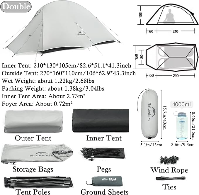 Naturehike 1-2 People Cloud up UL Tent, Rainproof PU1500mm & Windproof Upgrade Ultralight Tents,2.3lbs/2.68lbs, for Cycle Camping,Backpacking,Hiking,Self-Standing, Construction