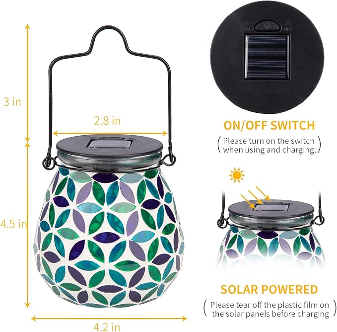 Afirst Mosaic Solar Lanterns Outdoor - Glass Hanging Solar Lights Hollow Out Waterproof Table Lamp Outdoor Decorative for Garden, Patio, Holiday Party Outdoor Decoration