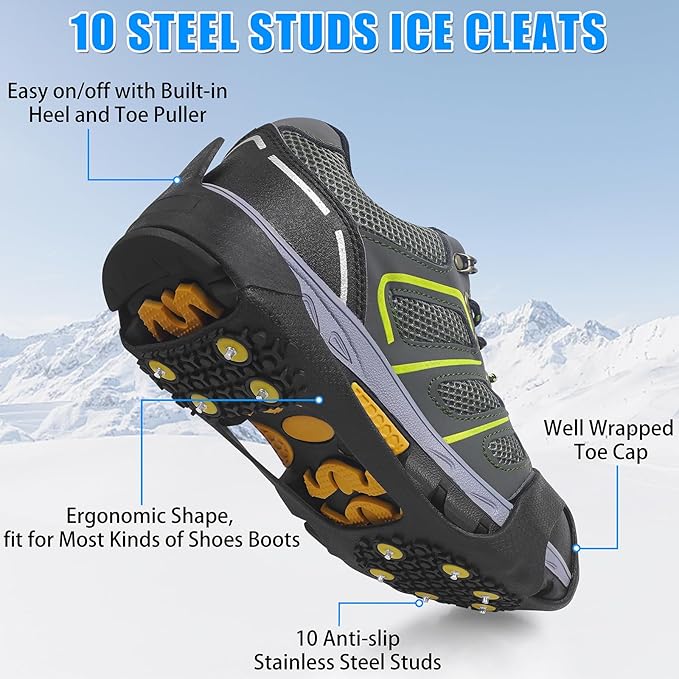 Ice Cleats for Shoes and Boots Men Women Winter Walking Ice Snow Cleats Anti Slip Crampons 10 Steel Studs Overshoe Slip-on Stretch Rubber Footwear