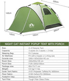 Night Cat Instant Popup Tents 2-3 Persons with Footprint Tarp Easy Setup Camping Tent with Rainfly Double Layers Waterproof Automatic Hydraulic Mechaism