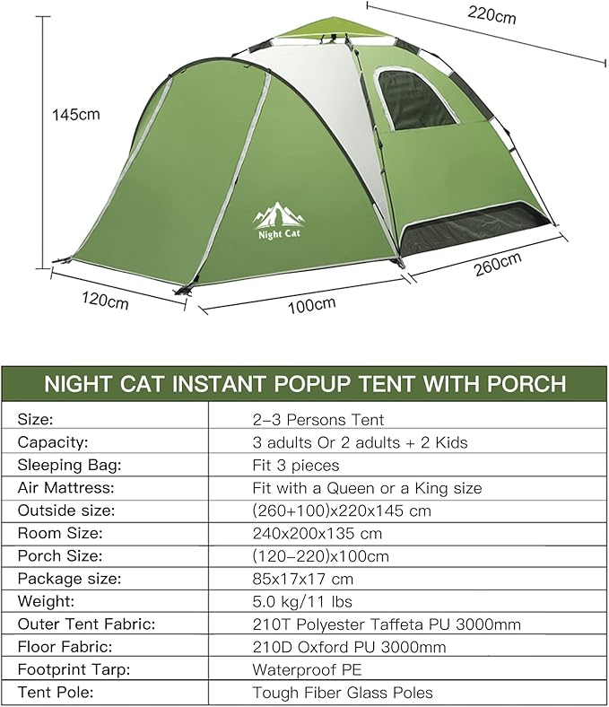 Night Cat Instant Popup Tents 2-3 Persons with Footprint Tarp Easy Setup Camping Tent with Rainfly Double Layers Waterproof Automatic Hydraulic Mechaism