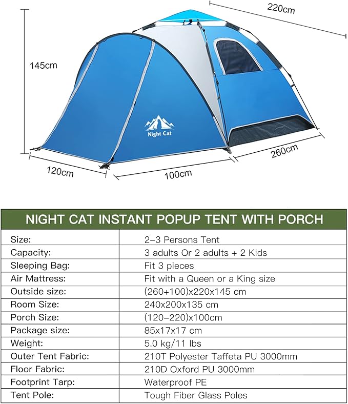 Night Cat Instant Popup Tents 2-3 Persons with Footprint Tarp Easy Setup Camping Tent with Rainfly Double Layers Waterproof Automatic Hydraulic Mechaism