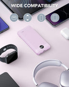 VRURC Portable Charger Built-in Cables and AC Wall Plug, USB C Power Bank 10000mAh, Travel Essentials Phone Charger Compact Lightweight External Battery Pack for Smart Phones, Tablets etc-Purple