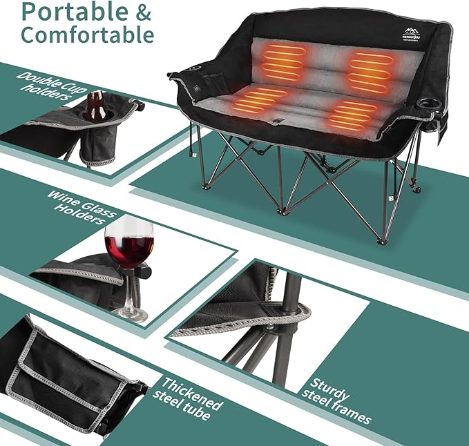 Heated Double Camping Chairs,3 Heat Levels Padded Portable Loveseat w/Wine Glass Holder,Cup Holder,Heating Outdoor Camp Couch Support 600 Lbs,Black,Battery NOT Included