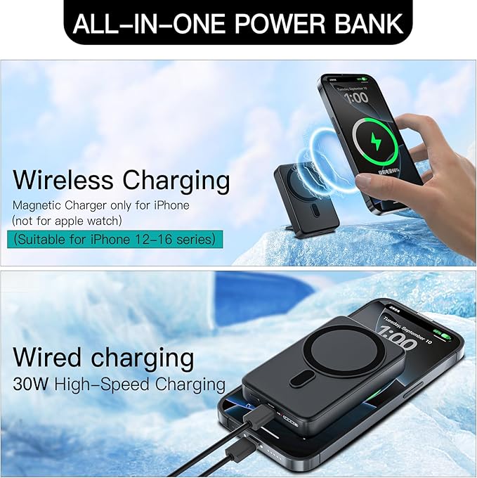 HUOTO 3 in 1 Foldable Magnetic Wireless for iPhone Charging Station,10000mAh Portable Charger Power Bank with Stand for MagSafe Battery Pack for iPhone 17/16/15/14/13/12 Series/Apple Watch/Air pods