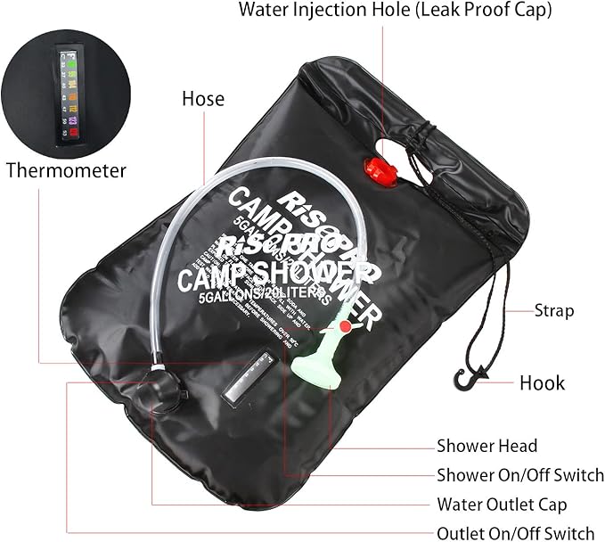 Solar Shower Bag, 5 gallons/20L Solar Heating Camping Shower Bag Temperature Indicator Hot Water 45°C Hiking Climbing C1004