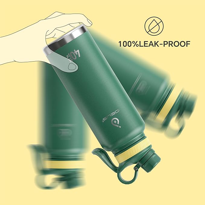 IDEUS Insulated Stainless Steel Water Bottle with 2 Leak-Proof Lids, Thermal Water Flask for Hiking Biking, 40oz, Green