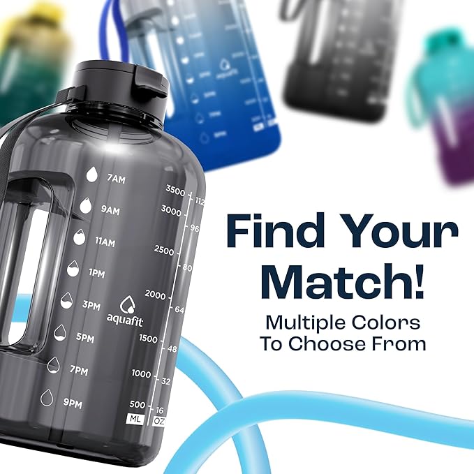 AQUAFIT 1 Gallon Water Bottle with Time Marker - Straw & Chug Lid - BPA Free Gym Water Bottle with Straw - Big Gallon Jug (Gray, 128 oz - 2 Lids)