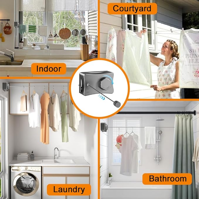 Retractable Clothesline Indoor Outdoor Clothes Line Kit, Heavy Duty Clothes Drying Laundry Line 16.7ft Wall Mounted Drying Rack Non-Sagging Air Dry Clothing Travel Clotheslines (Black)