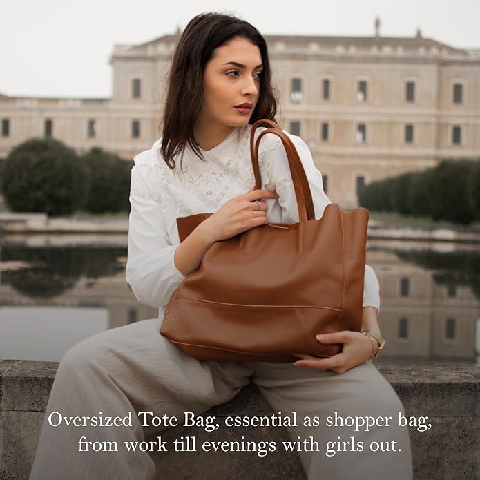 Italian Leather Tote Bag for Women - Large Shoulder Shopper, Fits 16” Laptop, Keychain Holder, Made in Italy