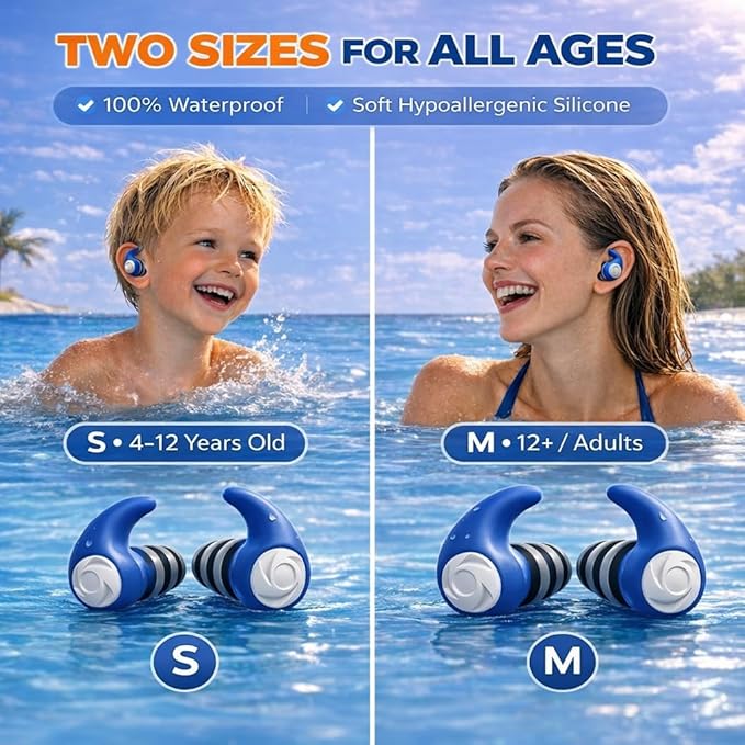 Swimming Ear Plugs for Kids with Lanyard, 3 Pairs Waterproof Reusable Soft Silicone Swim Earplugs for Pool, Surfing, Diving, Showering