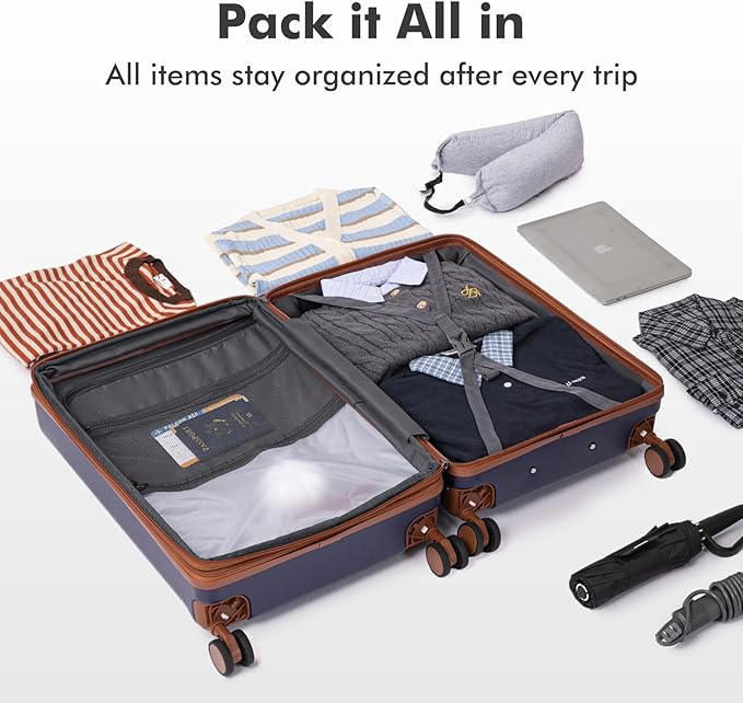 luggage sets 3 Piece with Spinner Wheel,100% PC Material Lightweight Durable,Expandable Carry On Travel Hardside Suitcase sets with TSA Lock for Men and Women (Blue+brown)