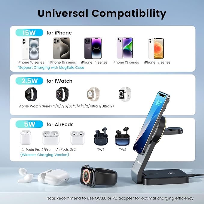 3-in-1 Wireless Charging Station for Apple Devices, 15W Wireless Charger for iPhone 17/16/15/14/13/12, Apple Watch, AirPods, Magnetic Foldable Fast Charger Apple Charging Station (Black)