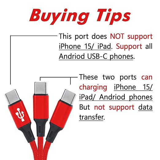 Multi USB C Cable 0.6FT 2Pack, 3 in 1 Multiple Type C Charging,3A Splitter USB-C Charging, Red Nylon Cord,USB C to 3 USB C Port, Compatible with iPhone 15,iPad Pro,Samsung S23,Google,Android,Kindle