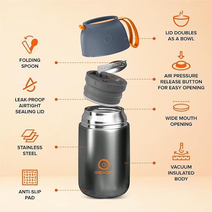 ENERGIFY Vacuum Insulated Food Jar. Large 24oz Bowl incl. Folding Spoon, Cup. Wide Mouth Keep Hot & Cold Drinks Soup Lunch Container for Adults. BPA-Free Stainless Steel, Leak Proof Grey