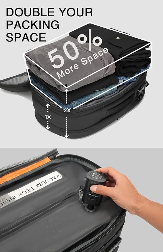 Vacuum Seal Travel Backpack 45L with Pump - Expandable Air Compression System, Water-Resistant Business TSA Lock, Laptop Backpack, Carry-On Suitcase Luggage, Gifts for Men