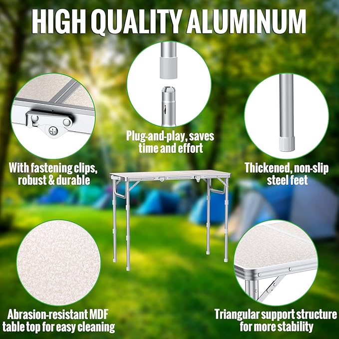 GARLLEN Folding Camping Table, 3 Adjustable Height Portable Folding Picnic Table with Storage Bag, Lightweight Aluminum Outdoor Table for Picnic, Camping, BBQ, 34.2" L x 15.7" W, Silver