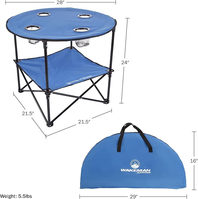 Wakeman Camp Table - Round 2-Tier Folding Table with 4 Cupholders and Carrying Bag - for Camping, Beach, Picnic, Sporting Events, and More Outdoors,Blue