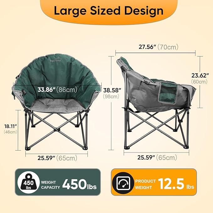 Colorsoul Oversized Heated Camping Chairs Heavy Duty, Fully Thick Padded Heated Chairs for Outdoor Sports, Heated Folding Chair for Adults Support 450lbs, 3 Heat Levels, Battery NOT Included