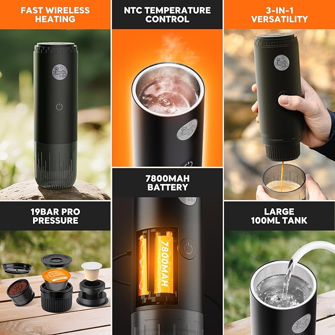 Portable Espresso Machine Mini 12V Rechargeable 3-in-1 Multi-Function Electric Coffee Machine One Key Extraction Compatible with NS & DG Capsules and Ground Coffee for Office Home (RED-NEW)