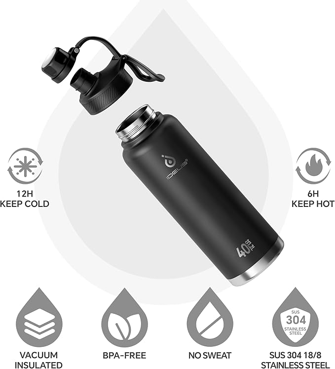 IDEUS Insulated Stainless Steel Water Bottle with 2 Leak-Proof Lids, Thermal Water Flask for Hiking Biking, 40oz, Black