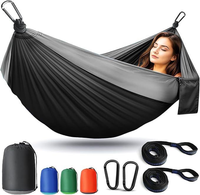 Camping Hammock Lightweight, Portable Hammocks Parachute Hammock with Two Tree Straps, Single or Double Travel Swing Nylon Camp Hammocks, Outdoor Essentials for Beach Backpacking Hiking, Orange