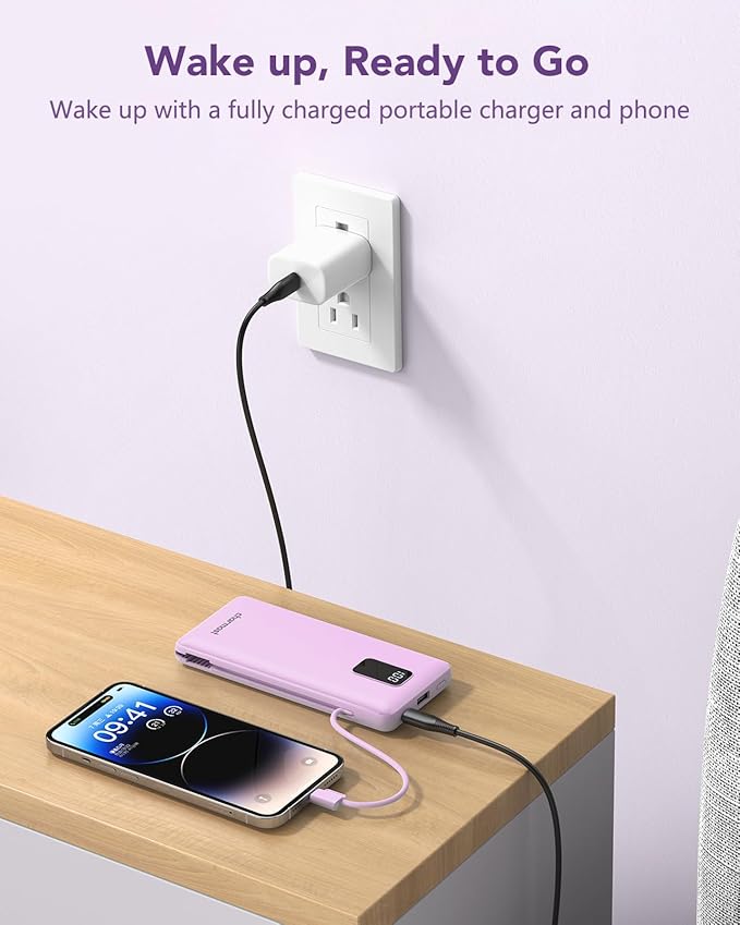 charmast Portable Charger with Built-in Cables & Wall Plug, 10000mAh Portable Power Bank, External Battery Pack Travel Essentials Compatible with iPhone 16/15/14/13, Samsung, iPad etc