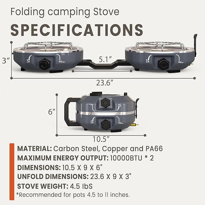 20,000 BTUs 2 Burner Propane Camping Stove, Portable Folding Camp Stove with Adjustable Burners, Built-in Ignition and Carrying Bag, Dual Gas Stoves for Tailgating, Camping, BBQ Overland Grey