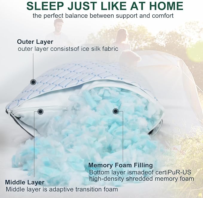 Gehannah Travel Pillow - Large 1 Pack Compressible Camping Pillow for Sleeping - Shredded Memory Foam with 1 Storage Bags - Supportive for Adults, Kids, Outdoor, Backpacking, Hiking Gear