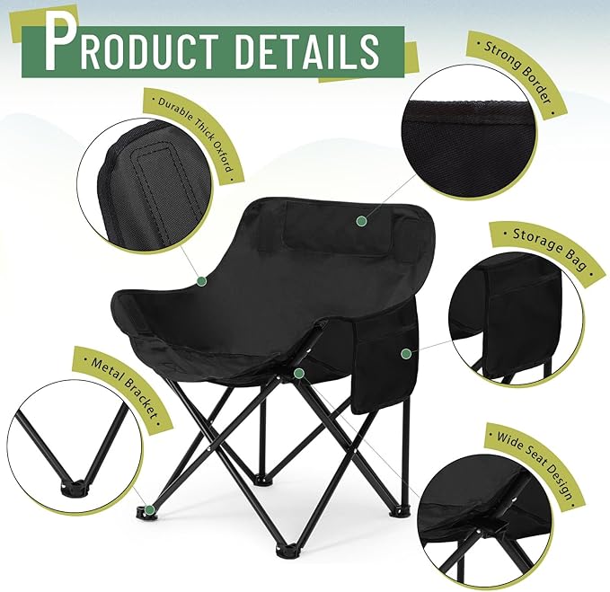 2 Pack Compact Camping Chairs Portable Folding for Outside with Carry Bag Lightweight Moon Chairs for Travel Picnic Hiking Beach Fishing, 600D Oxford, Supports 330lbs(Green, Black)