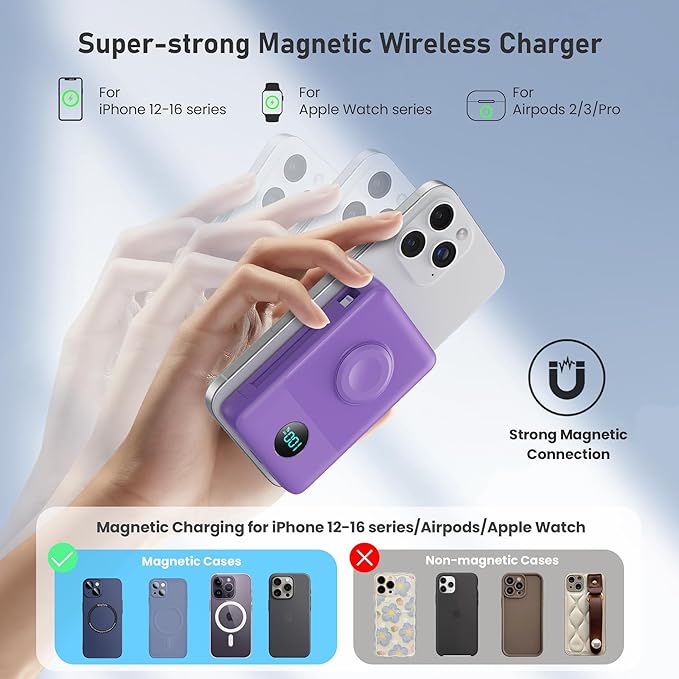 Magnetic Portable Charger for iPhone with Built-in Cables, 6-in-1 10800mAh Power Bank with iWatch Charger & LCD Display,25W Fast Charging Battery Pack for iPhone 16/15/14/13/12,Apple Watch (Purple)