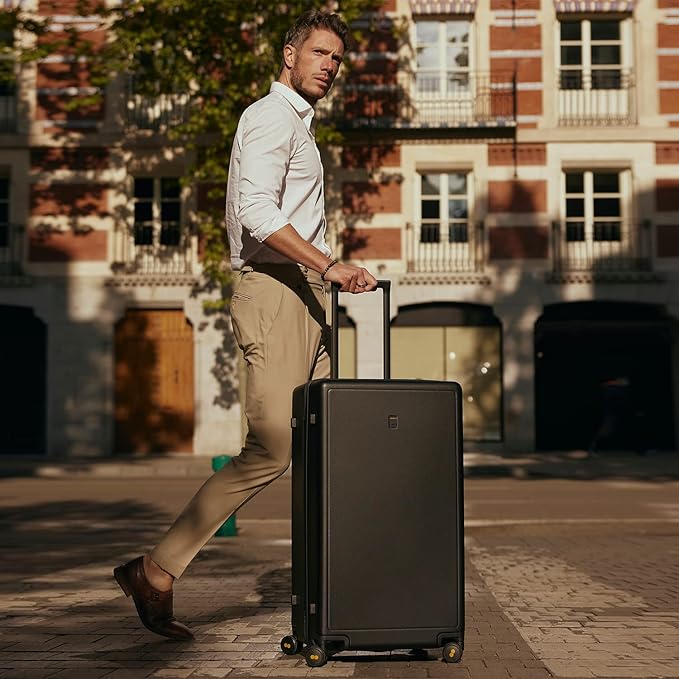 LEVEL8 Trunk Luggages, Large Suitcase 28 Inch Luggage with Spinner Wheels, Luminous Textured Checked Lightweight Hard Shell with Tsa Lock, Black