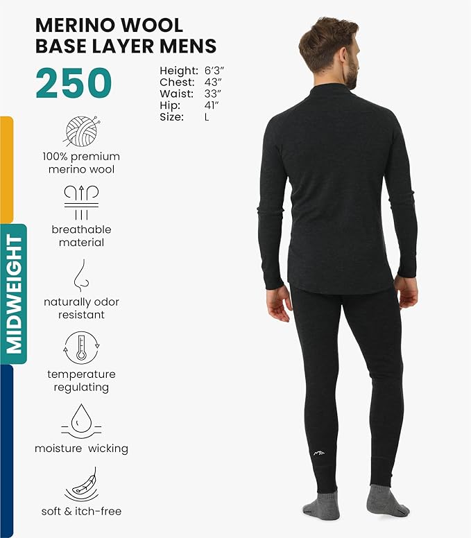 Merino.tech Men’s Merino Wool Base Layer Set – Zip-Up Heavyweight, Midweight Thermal Top & Bottom
