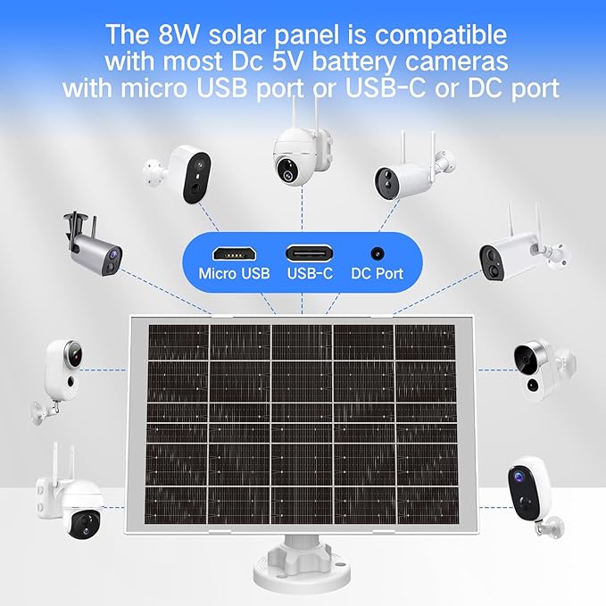 8W Solar Panel for Security Camera, Micro USB & USB-C & DC Ports High Conversion Rate Solar Panel for Built-in Rechargeable Battery Outdoor Cameras, Waterproof & Fast Charging & 360° Freely Adjustable